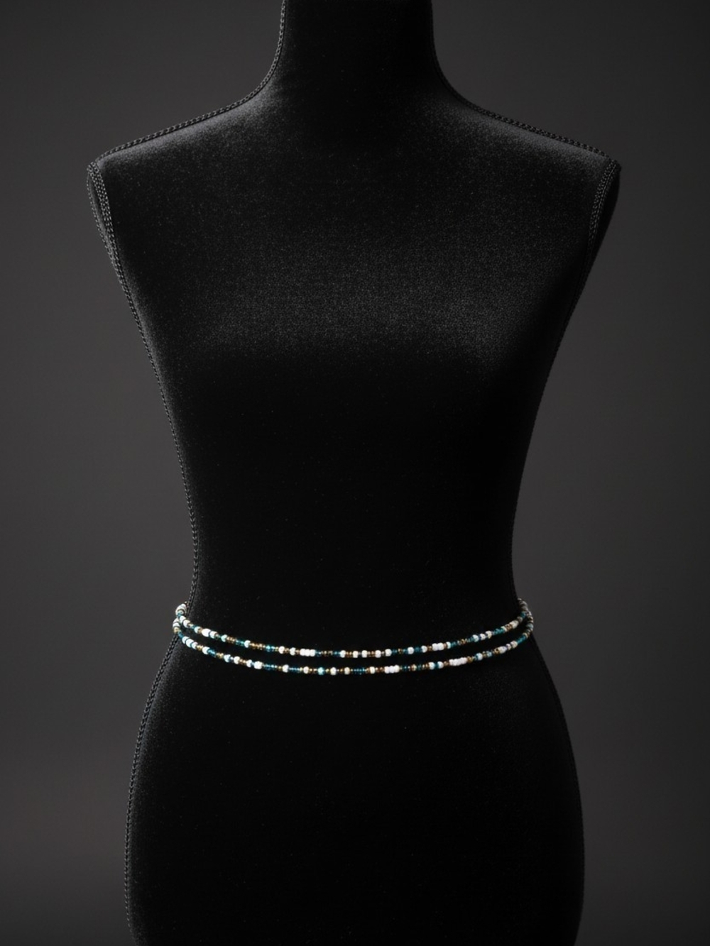 Double-Strand Beaded Waist Chain in Black, Turquoise & White
